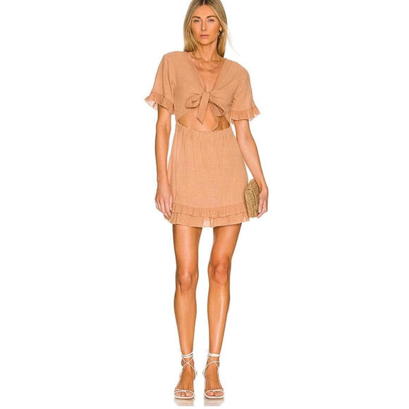 Dresses & Skirts - LOVEWAVE Small Town Girl Mini Dress in Taupe Size L Cutout Rufled Hems NEW #C